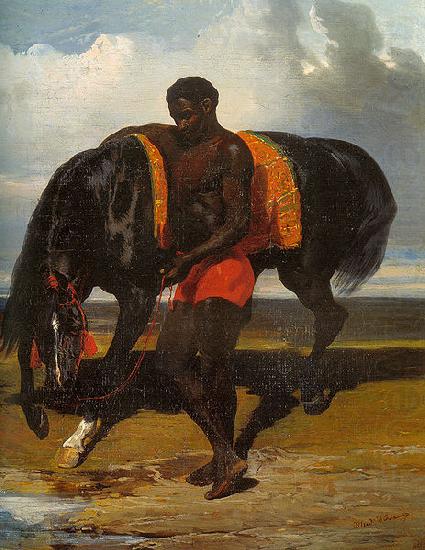 Alfred Dedreux Africain tenant un cheval au bord d'une mer china oil painting image